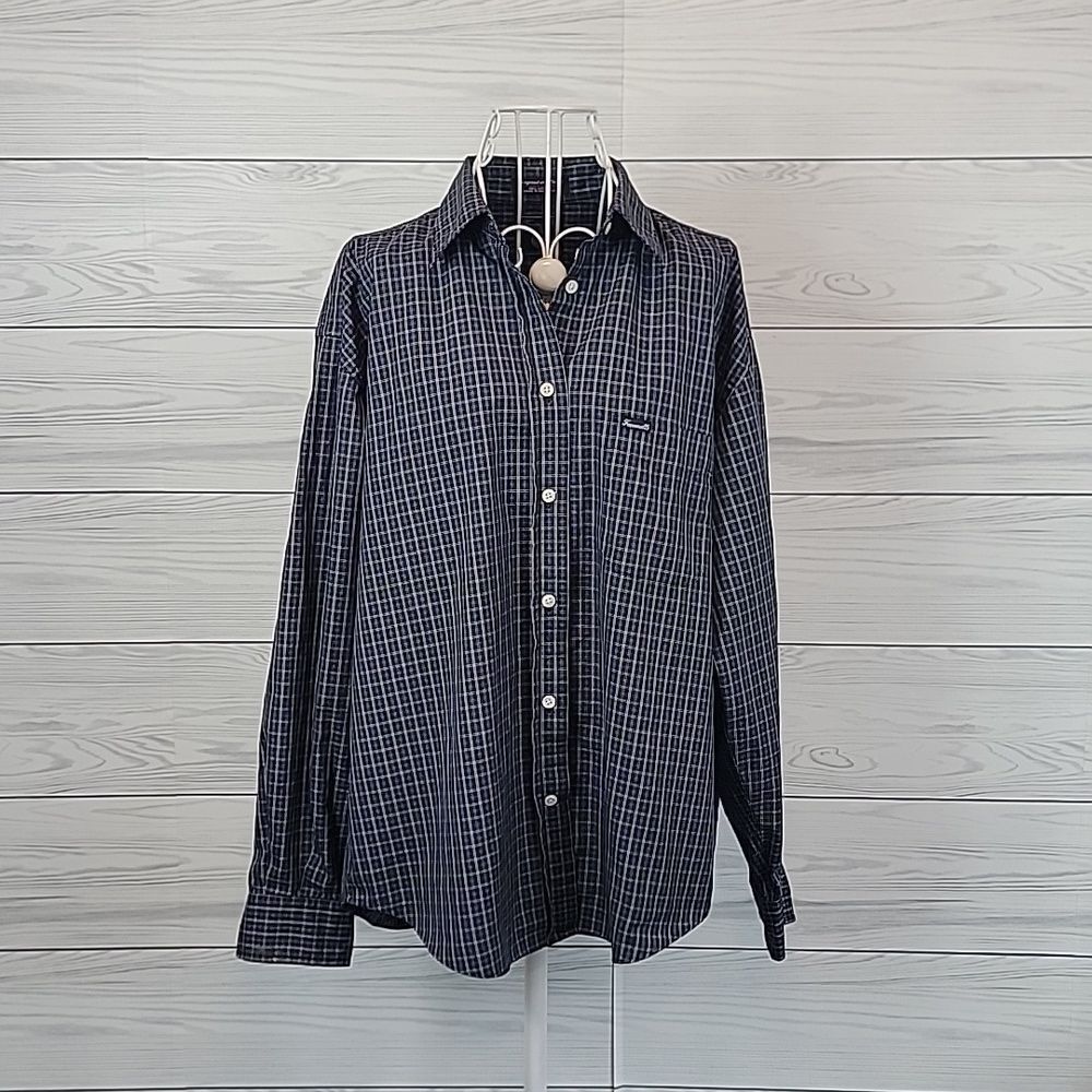 Faconnable Mens Button-Down Shirt Checkered Plaid Blue & White Size L
